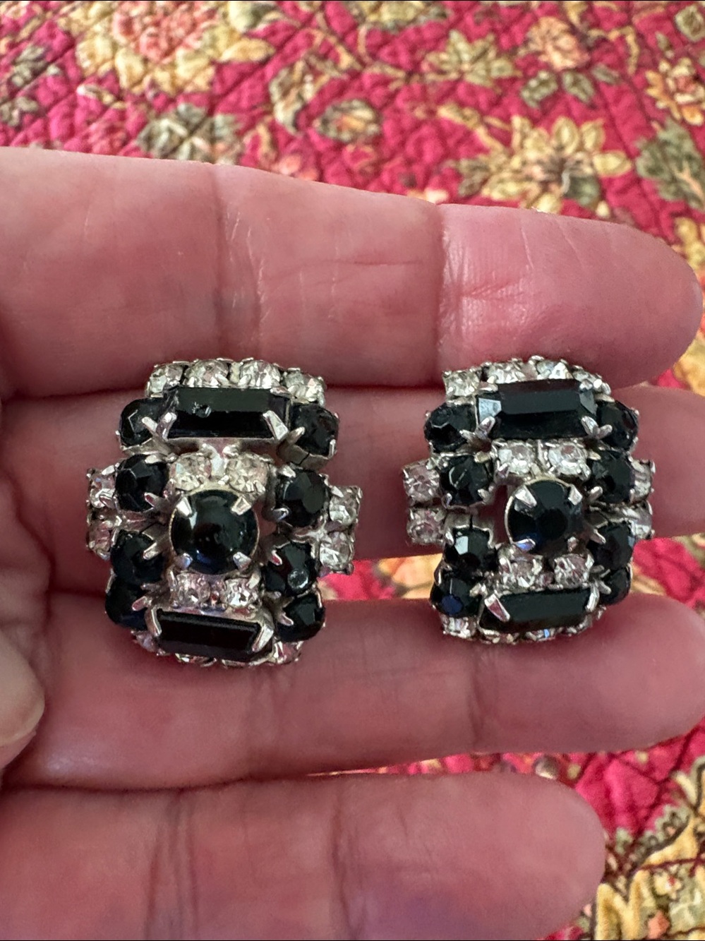 Vintage Black & Silver Clip-On Statement Earrings with clear stones